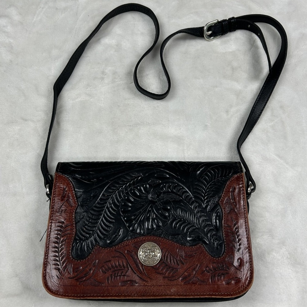 American West Crossbody Bag Womens Small Black Brown Tooled Leather Concho